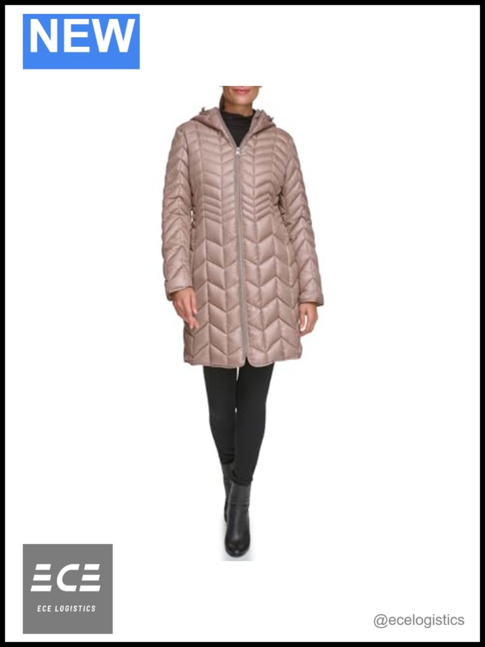 Kenneth Cole Womens Chevron Quilted Puffer Jacket with Attached Hood